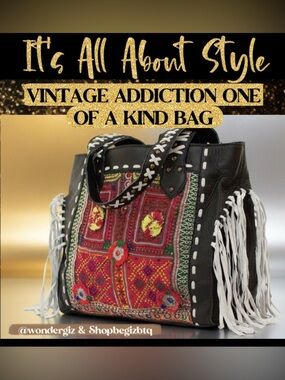 Vintage Addiction Black Leather & Vintage Fabric Tote Bag EUC PRICE FIRM